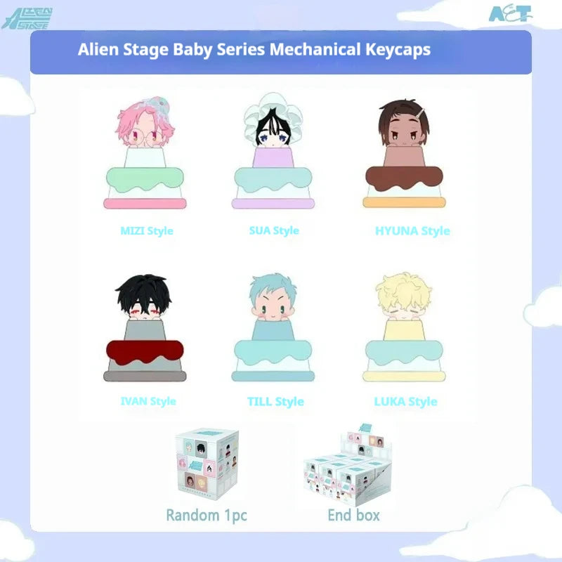 A display of various mechanical keycaps from the Alien Stage Baby Series including MIZI, SUA, HYUNA, IVAN, TILL, and LUKA sty