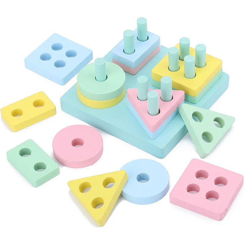 A set of wooden color and shape sorting toys for toddlers featuring various colored blocks and pegs.