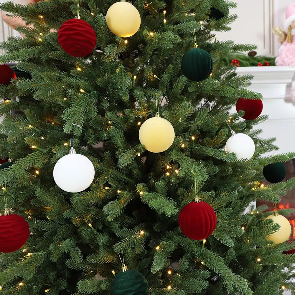 Set of 12 Velvet Flocked Christmas Tree Ornaments in Green