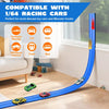 A blue flexible car race track with suction cups is laid on a floor, demonstrating compatibility with various diecast toy car