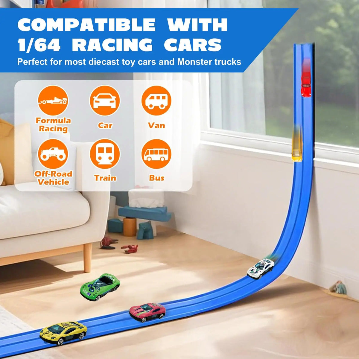 A blue flexible car race track with suction cups is laid on a floor, demonstrating compatibility with various diecast toy car