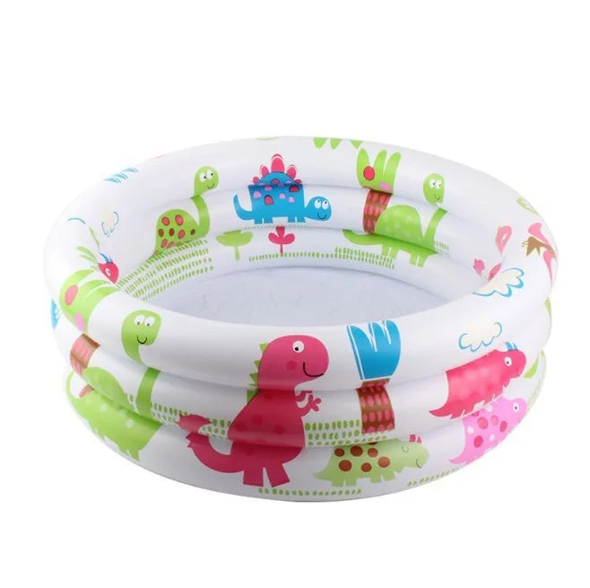 A white inflatable kids play pool featuring a cartoon dinosaur and animal design.