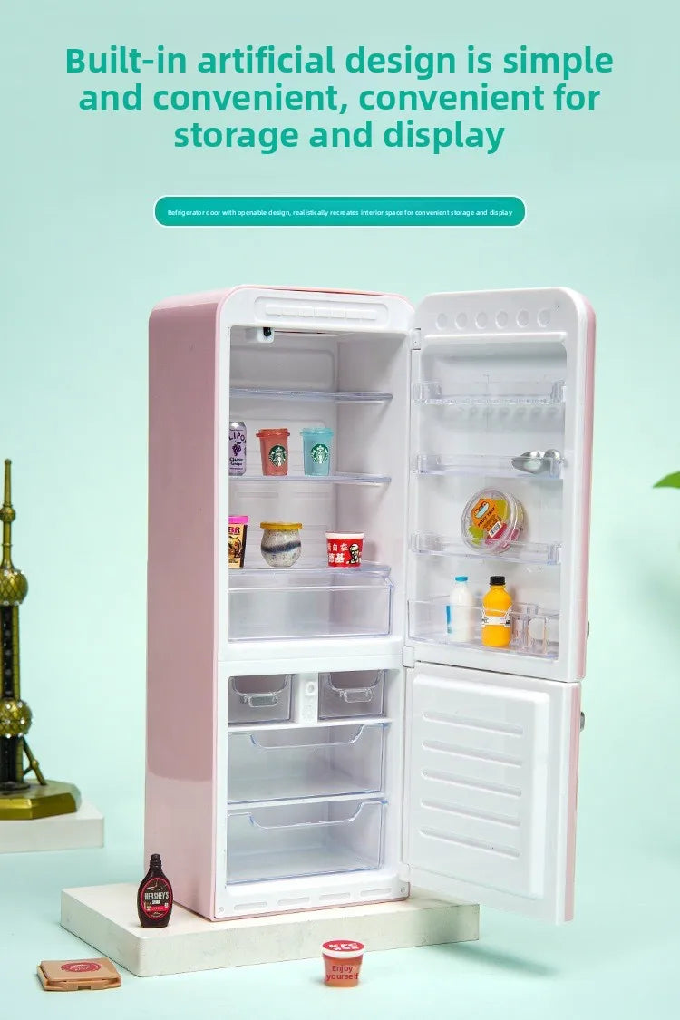 A pink miniature refrigerator playset with interior shelves displaying various food capsules and accessories.