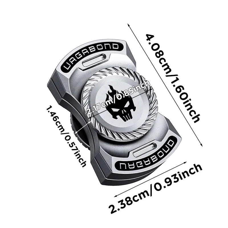 A silver magnetic fidget spinner with push buttons shown from above and below.