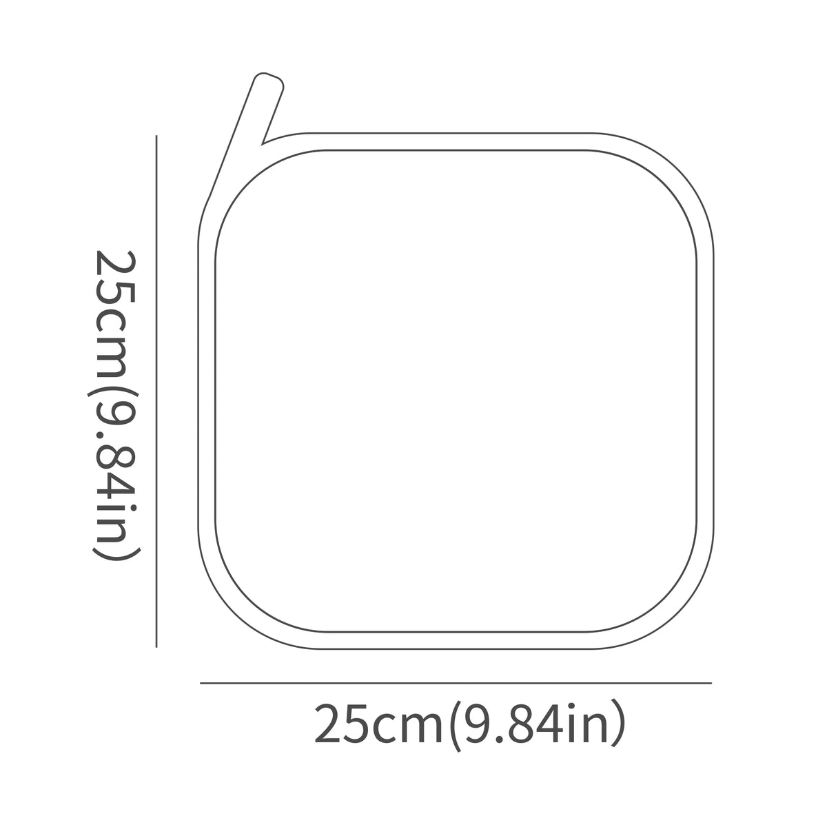 Outline drawing of a square baby washcloth measuring 25cm by 25cm.