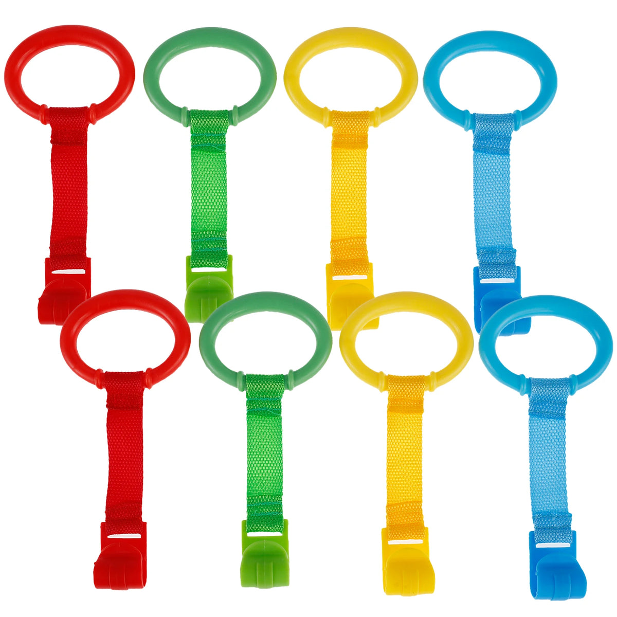 Set bunter Baby-Kinderbett-Zugringe in rot, grün, gelb und blau zur Entwicklung und Balance