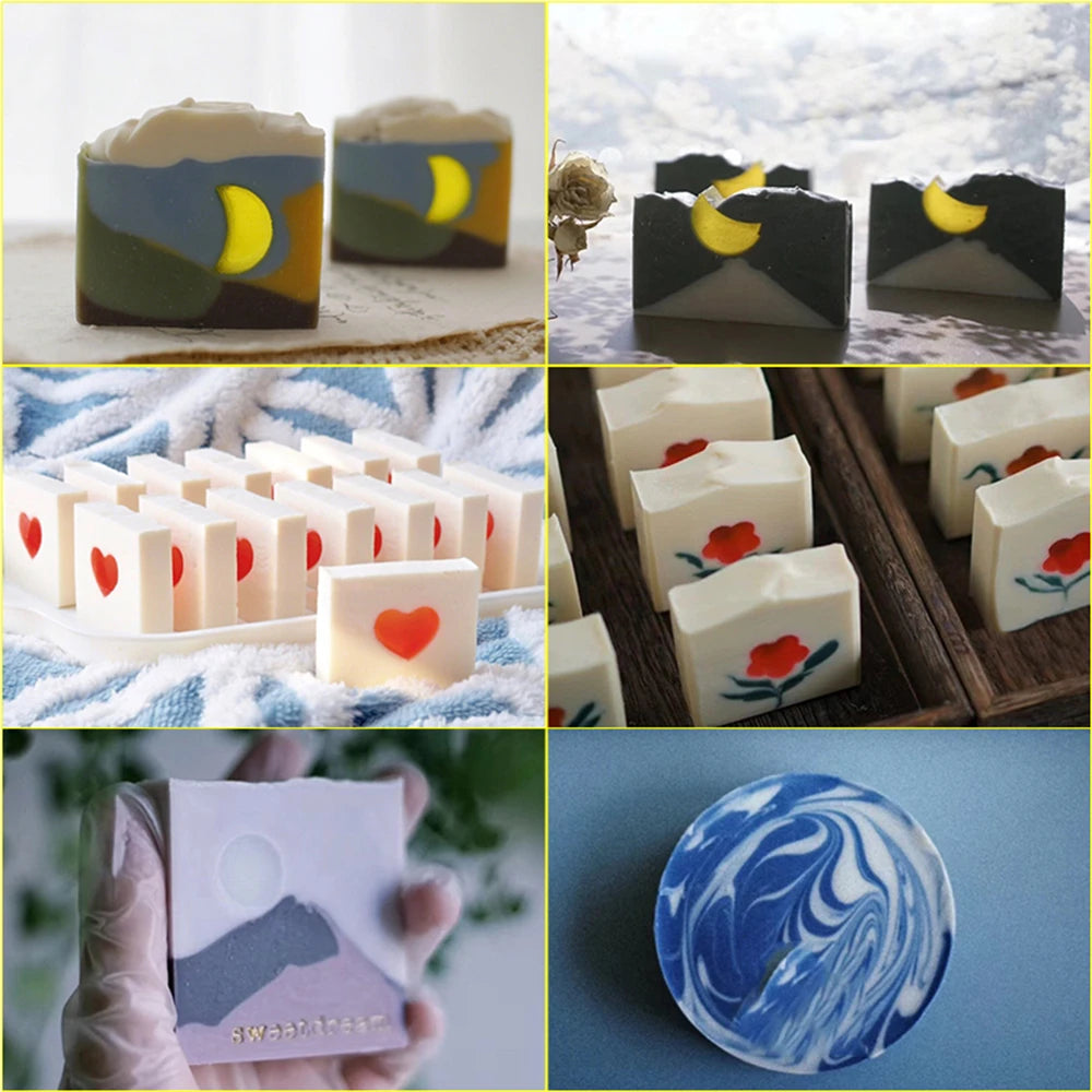 A collection of silicone soap and candle molds in various shapes and colors, including yellow, gray, white, and blue patterns