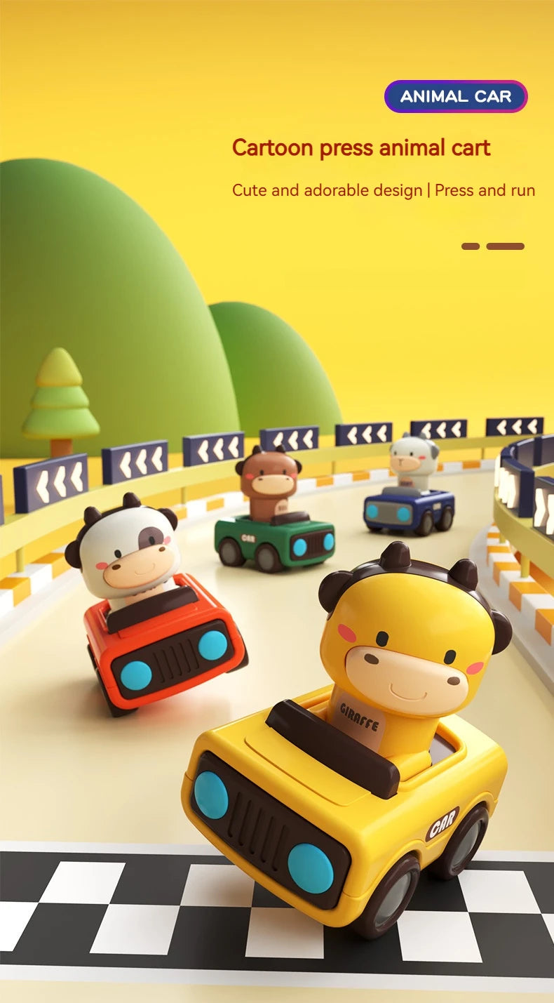 A yellow giraffe animal car toy is shown driving on a black and white checkered track.