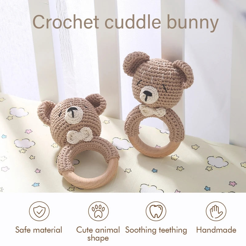 Crochet Bunny Rattle & Teether Toy with Wooden Ring