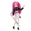 Anime-inspired plush doll collectible set featuring a pink-haired female character in a black and gold outfit with a sword.
