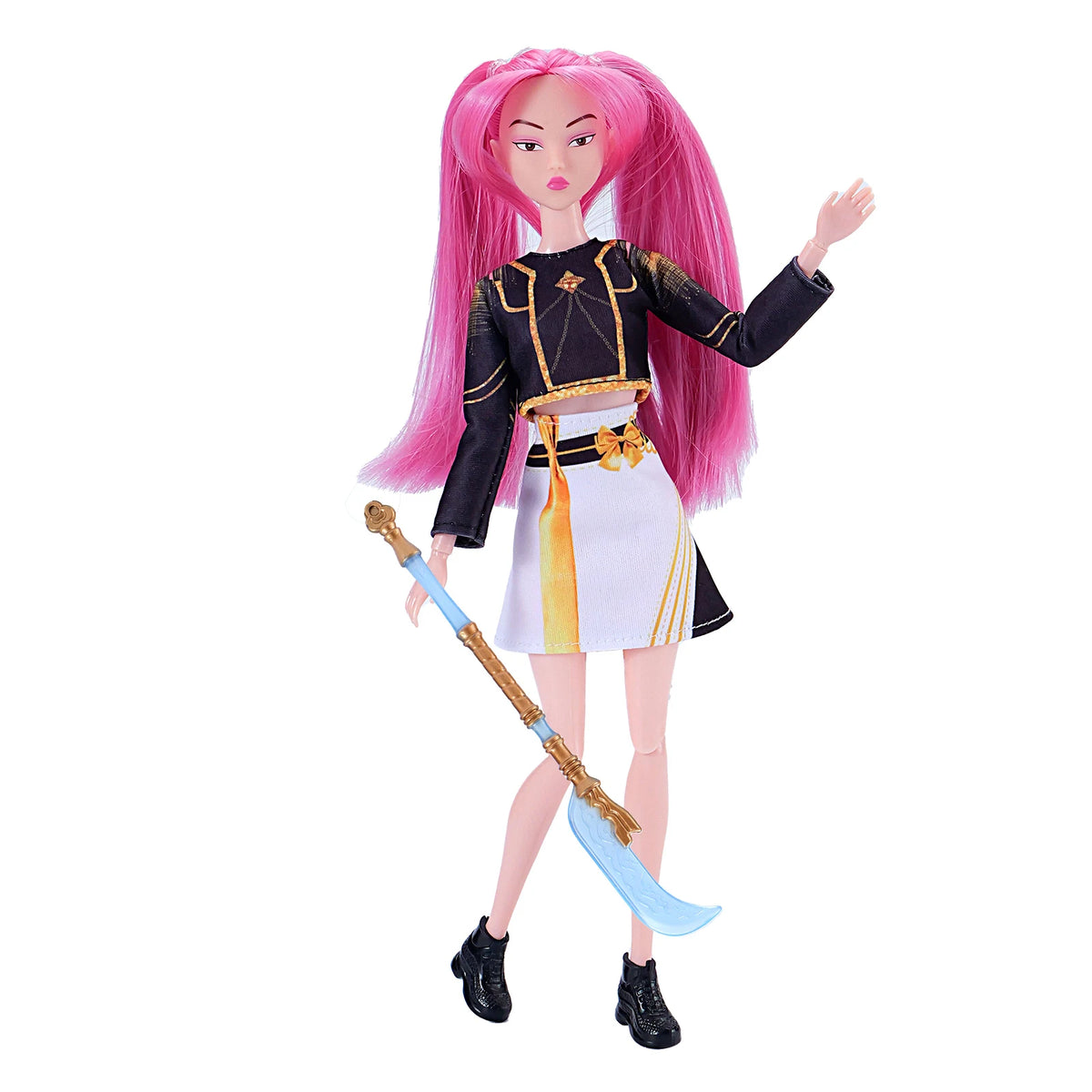 Anime-inspired plush doll collectible set featuring a pink-haired female character in a black and gold outfit with a sword.