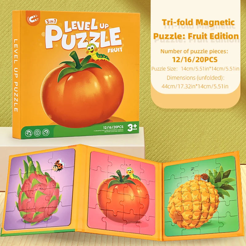 A box and puzzle pieces of a fruit edition magnetic puzzle featuring a tomato, pineapple, and other fruits.