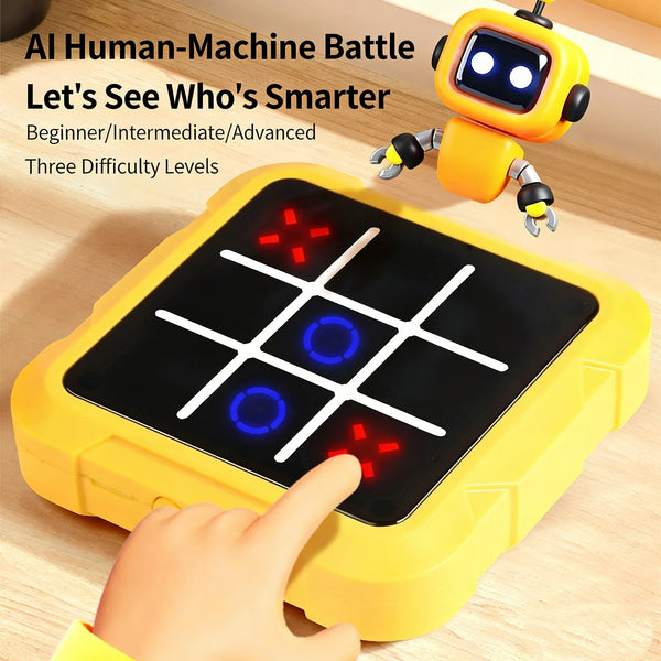 A yellow electronic game board with red and blue markers is shown next to a small robot figure.