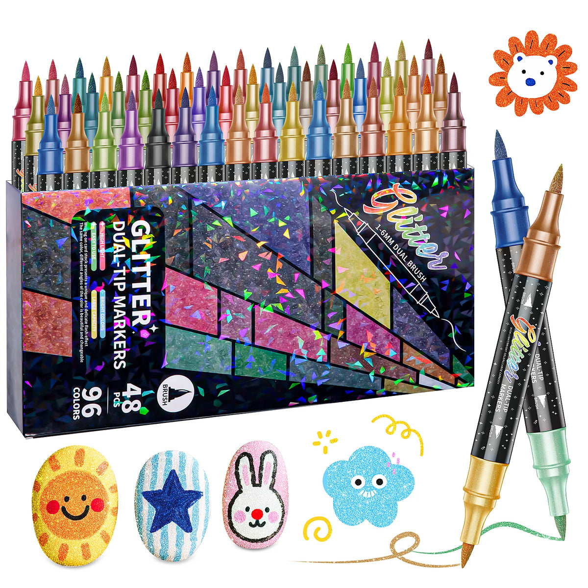 A set of 48 dual-tip glitter brush markers with metallic finish and various color tips displayed in a box.