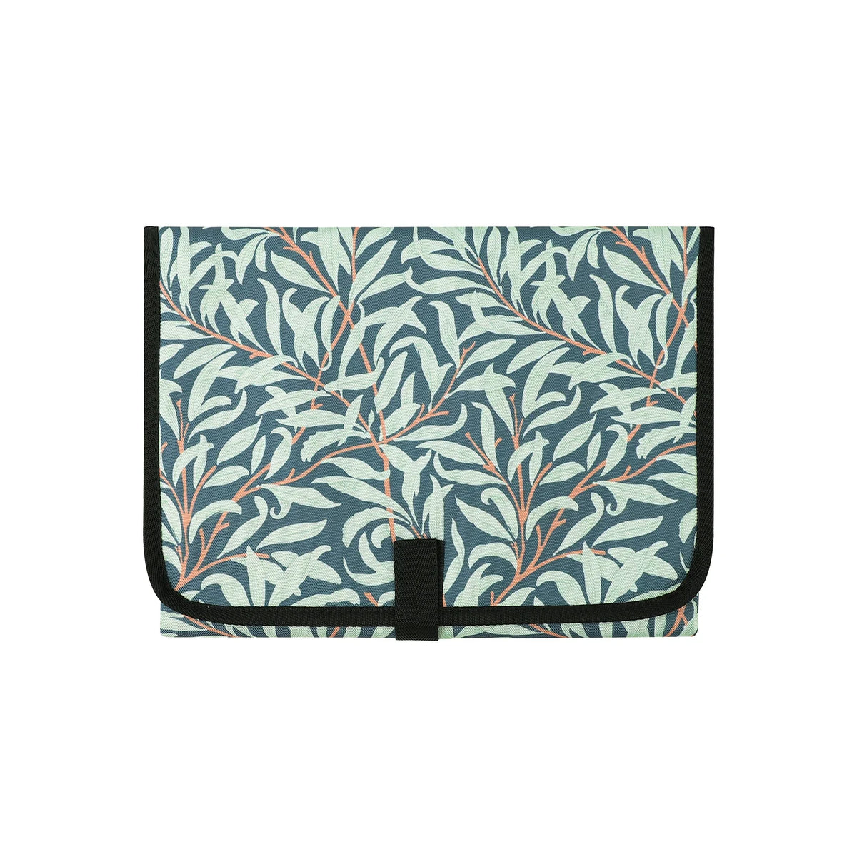 A portable foldable waterproof diaper changing pad with a blue and teal leaf pattern.