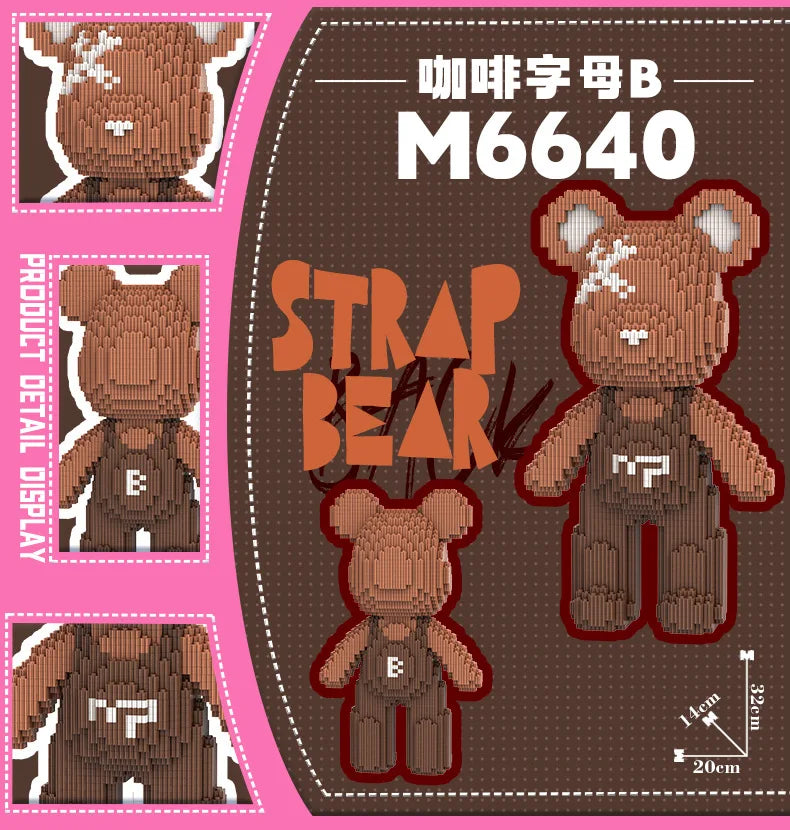 A brown knitted bear figure made of micro building blocks, shown in various display angles.