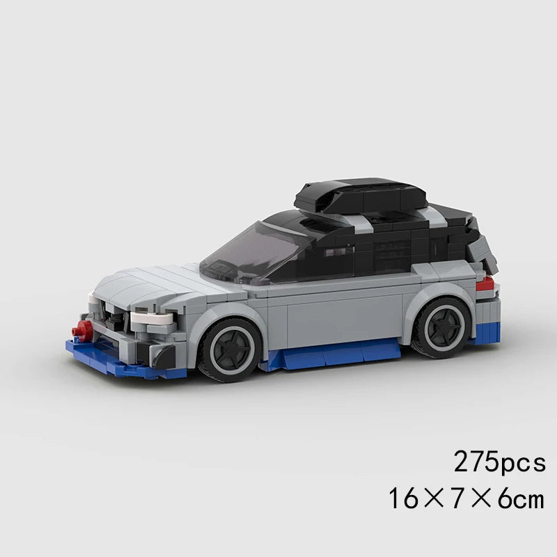 A gray and blue classic rally car building block set with a black roof and wheels.