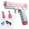 A pink and silver water blaster gun with a large tank, along with an accessory battery and USB charging cable.