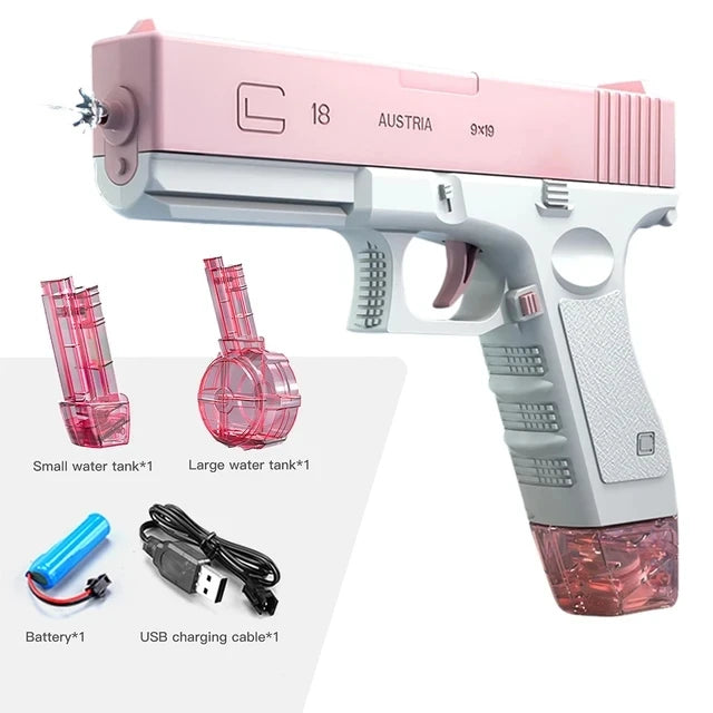 A pink and silver water blaster gun with a large tank, along with an accessory battery and USB charging cable.