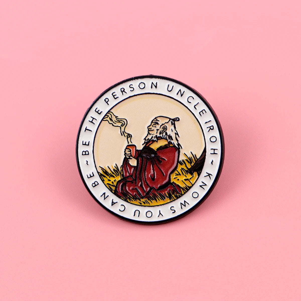An enamel pin featuring a circular design with text surrounding an illustration of a bearded man smoking a pipe.