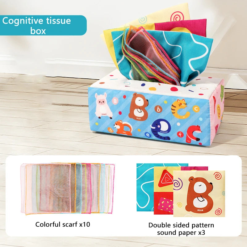 Sensory Tissue Box Toy with Crinkle Paper and Silky Scarves