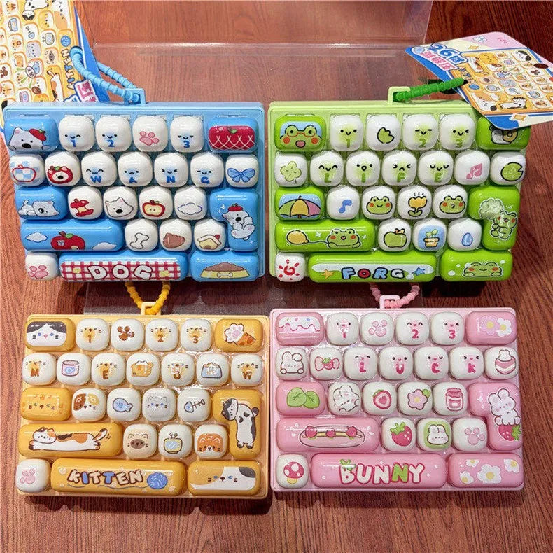 A set of colorful cartoon animal keycap keychains featuring various characters and designs.