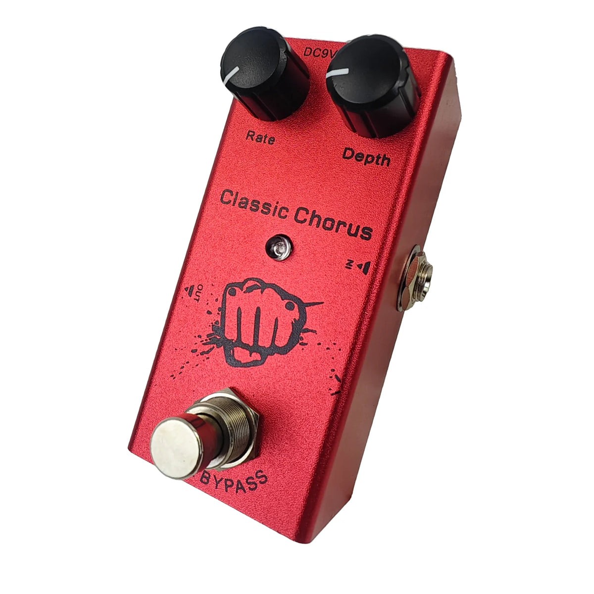 A red guitar effects pedal labeled Classic Chorus with Rate and Depth controls and a Bypass switch.