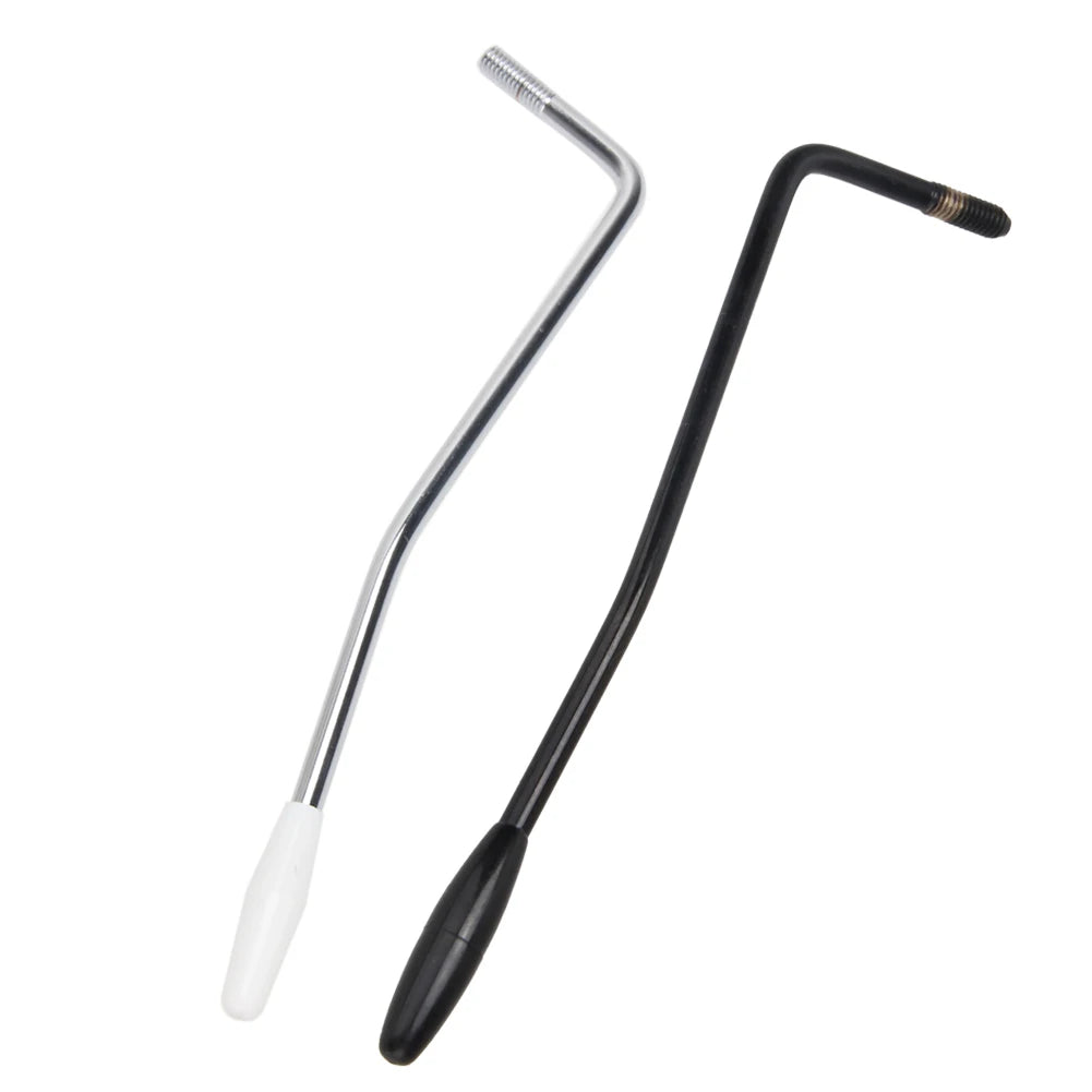 A replacement tremolo arm for an electric guitar, featuring a silver metal rod and a black handle.