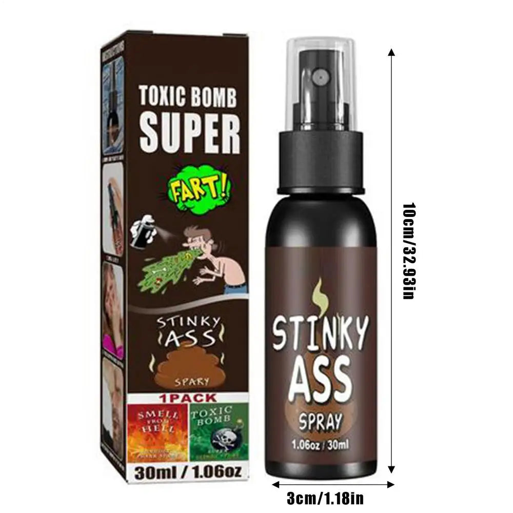 A dark brown bottle of Stinky Ass spray with a black pump dispenser and a cardboard box labeled Toxic Bomb Super