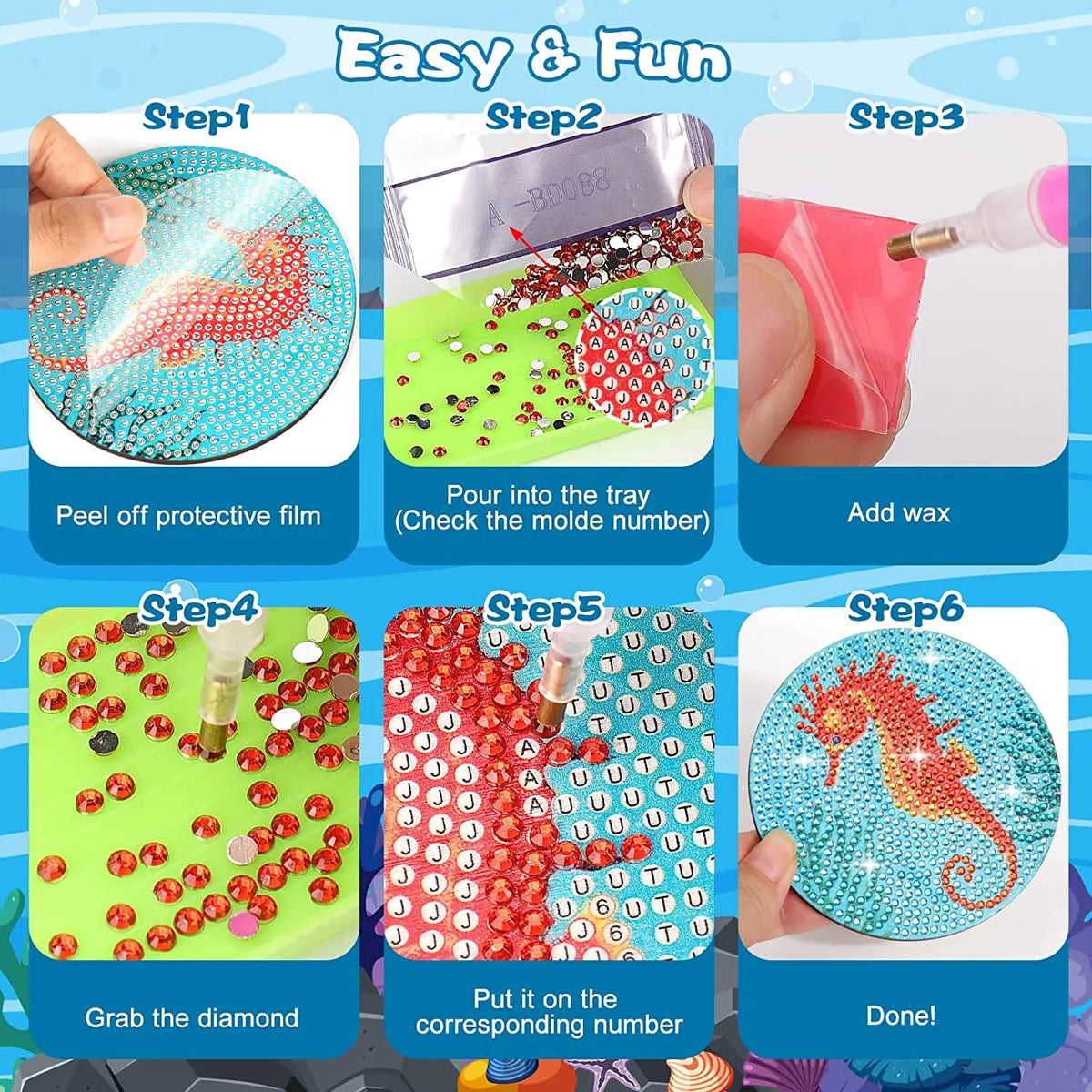 A six-step guide showing how to create a diamond painting coaster using a mold and wax.
