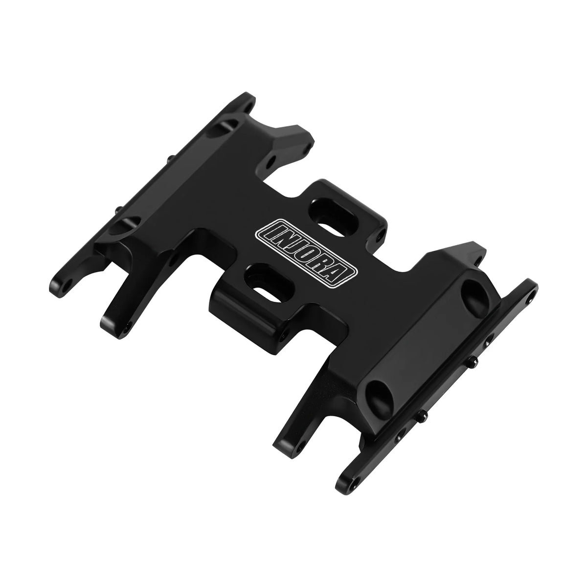 Black CNC aluminum skid plate for a 1/24 RC crawler.