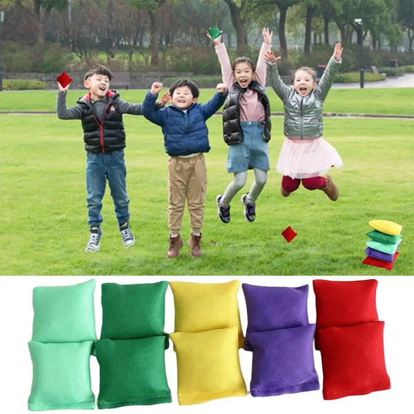 A set of ten colorful mini bean bags in shades of green, yellow, purple, and red for children.