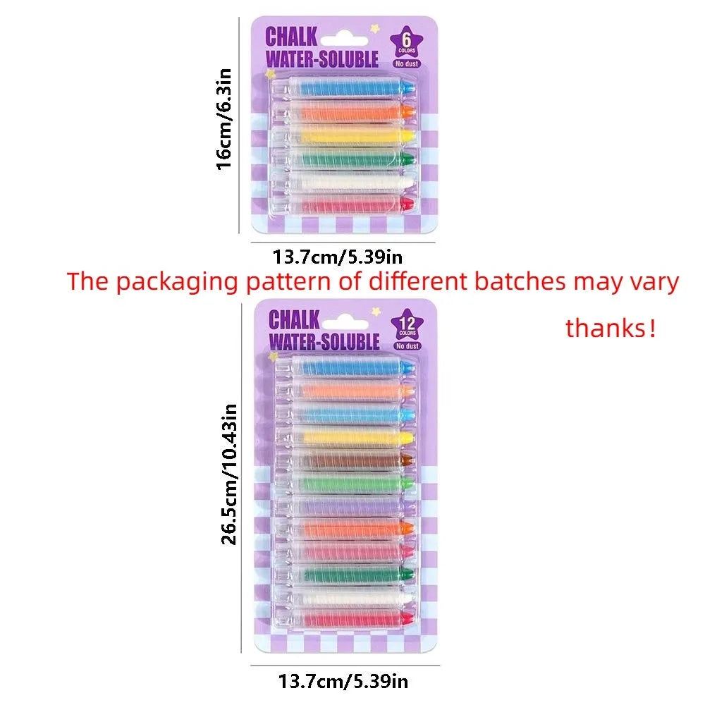 A package of 12 dustless washable chalk water-soluble crayons in various colors for outdoor play