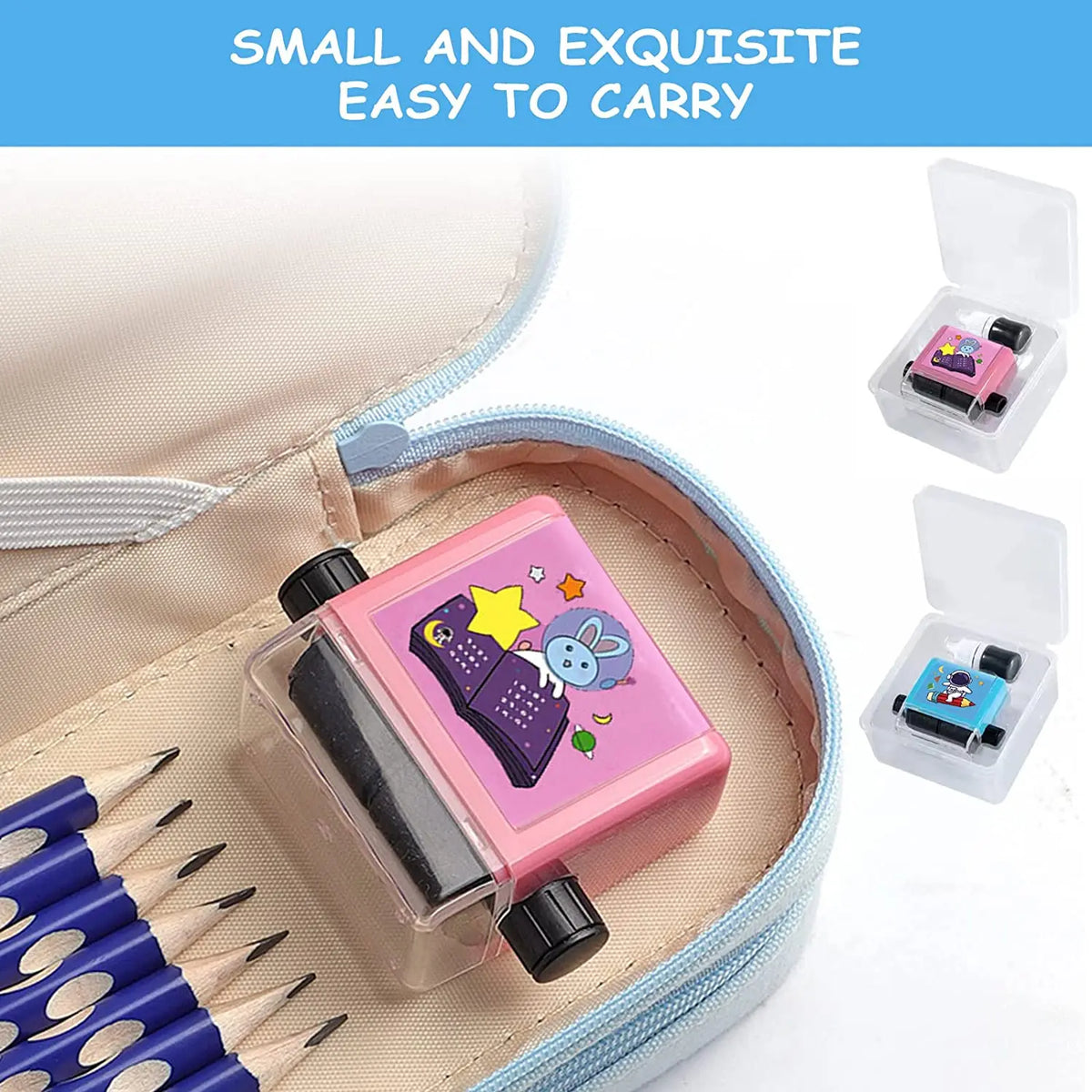 A pink math roller stamp is shown inside a light blue pouch with extra storage containers.
