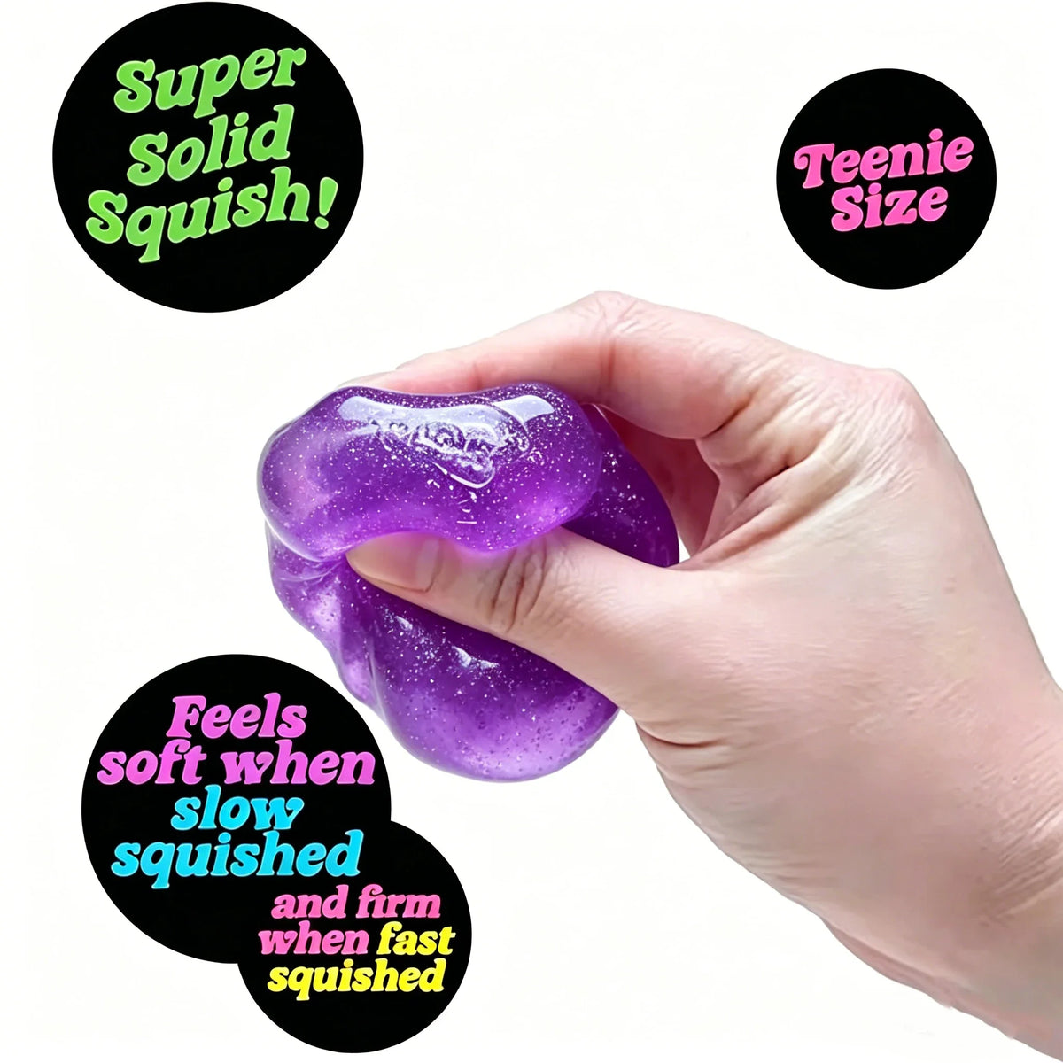 A hand squeezes a purple glitter ice cube sensory fidget toy, demonstrating its soft and firm texture.