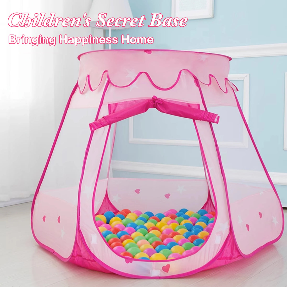 Pink children's secret base play tent with a colorful ball pit inside