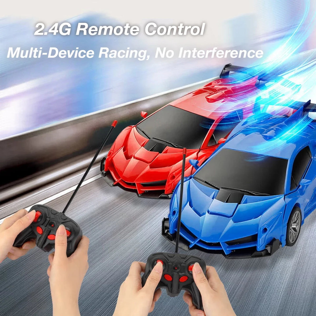 Hands operate a 2-in-1 RC transforming robot car using a 2.4G remote control for multi-device racing.