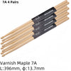 A set of 7A drumsticks made of varnish maple wood, measuring 396mm long and 13.7mm in diameter.