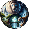 A circular illustration featuring a lion's face, a tiger, and a dark forest landscape.