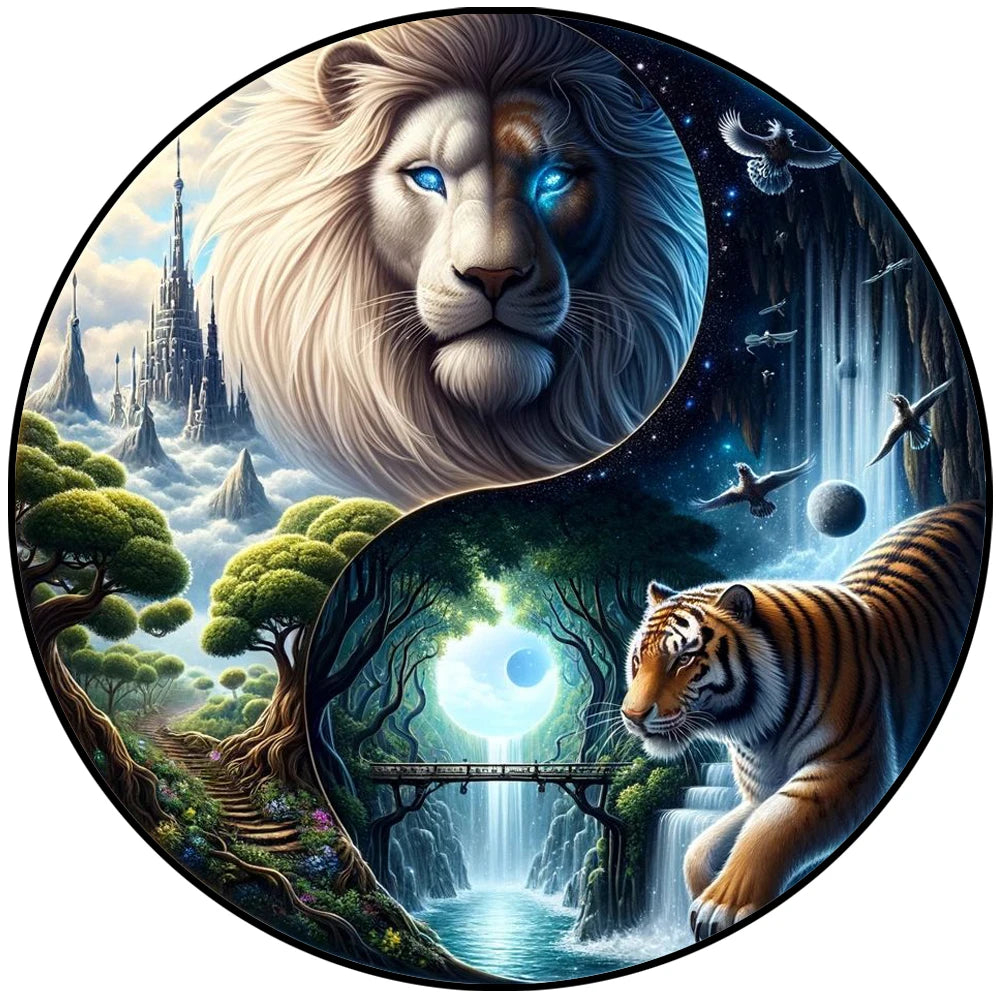 A circular illustration featuring a lion's face, a tiger, and a dark forest landscape.