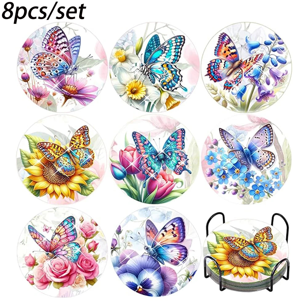 Set of eight butterfly-themed diamond art coasters with a holder.