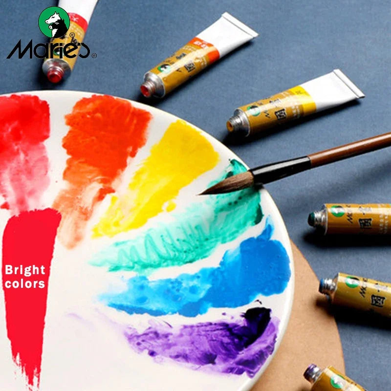 A palette of bright watercolor paints showing various colors like red, orange, yellow, green, blue, and purple, with several 