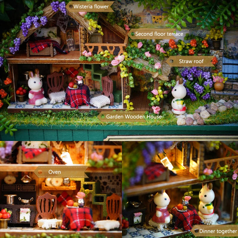 A detailed wooden miniature dollhouse theater kit featuring a garden house with furniture and an oven.