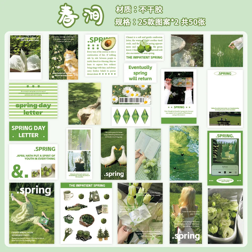 A variety pack of 50 nature and seasonal scenery stickers featuring spring themes like flowers, leaves, and greenery.