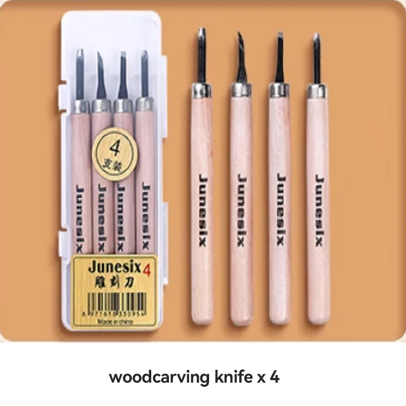 Set of four wooden carving knives with pink handles and silver blades for woodworking