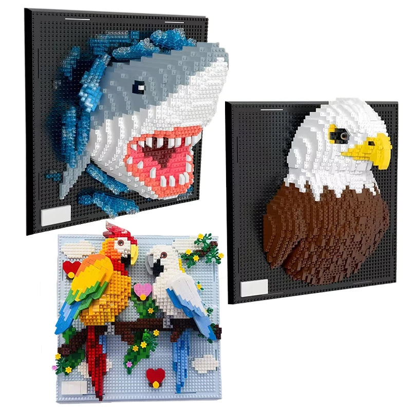 3D Mosaic Art Building Block Set — Shark, Eagle & Parrot Designs