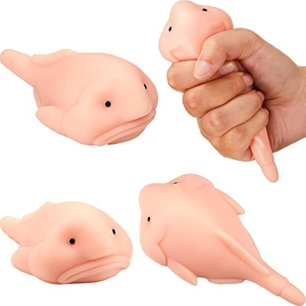 A hand is squeezing a pink squishy blobfish stress relief toy, showing its soft texture and shape.