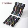 A clear plastic container holds 24 packs of glitter markers with black tips and various metallic and pastel colors.