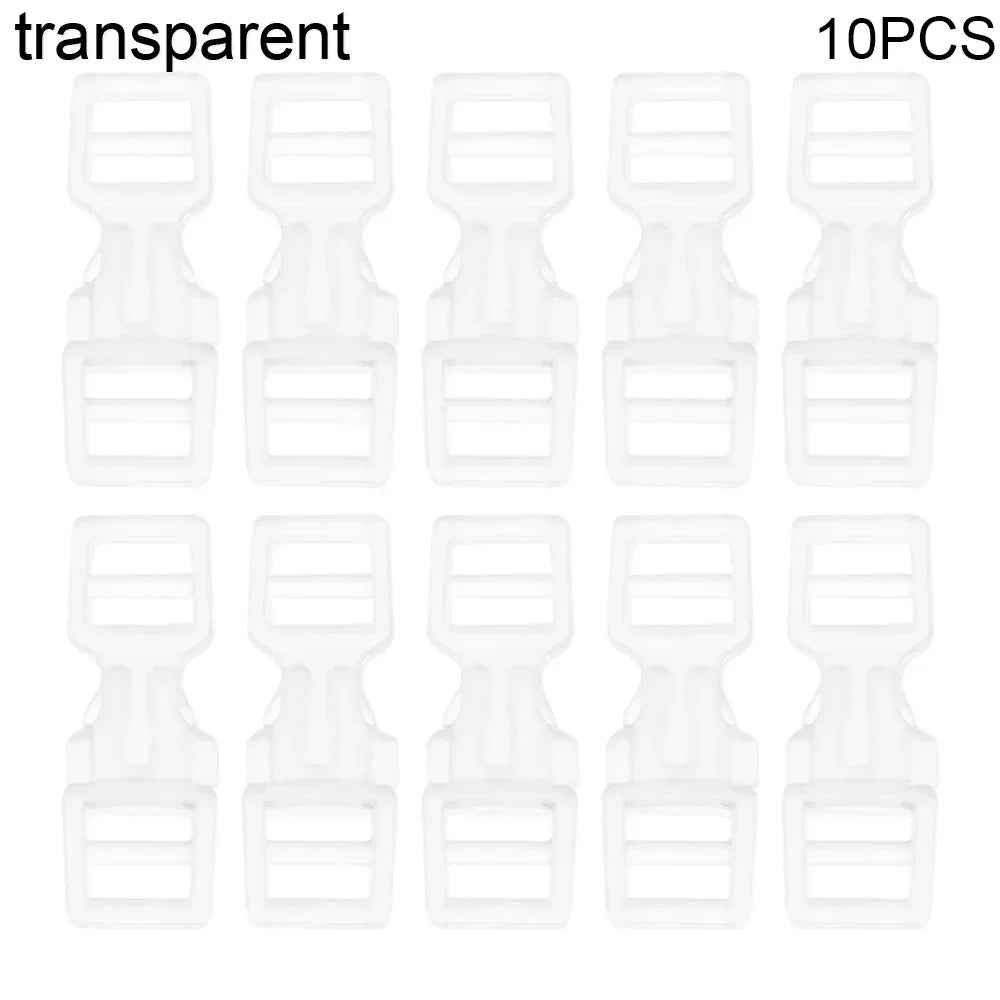 A set of ten transparent mini plastic buckles for DIY crafts and outdoor gear.