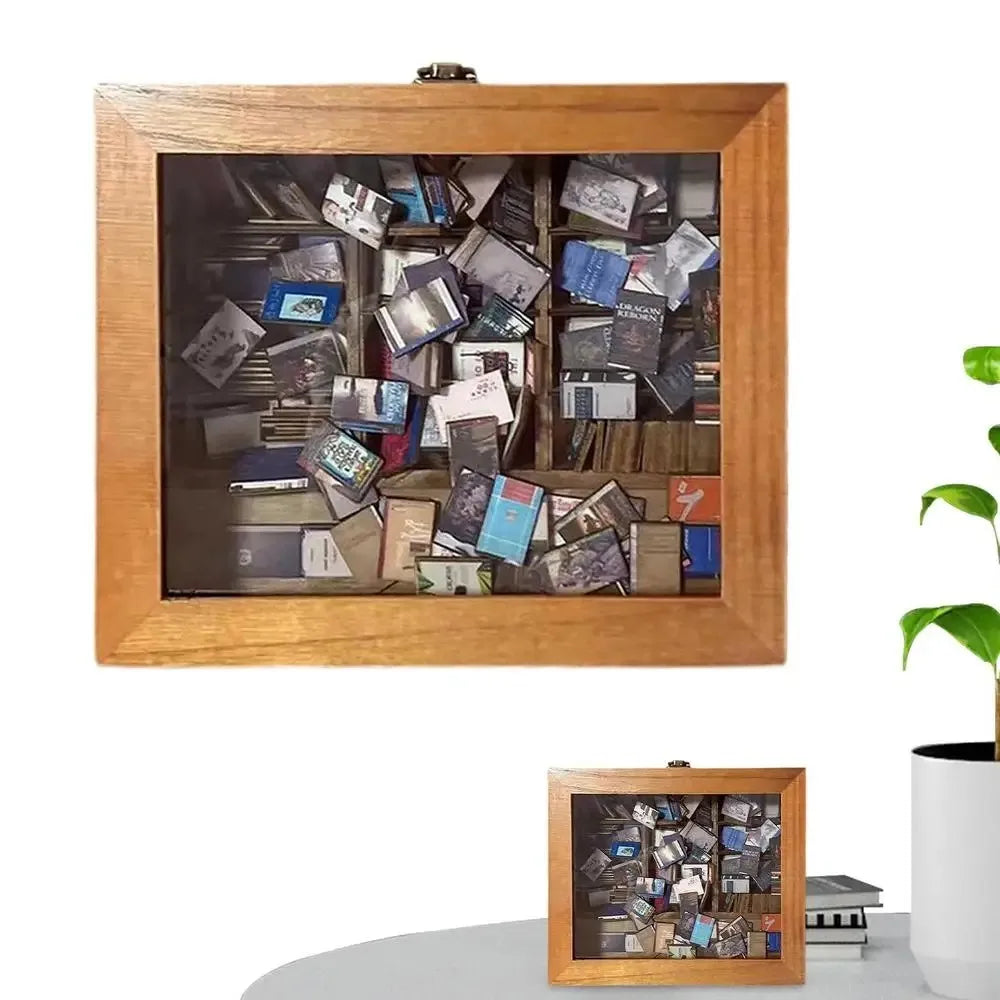 A wooden frame displaying a shelf filled with various small books and fidget items for anxiety relief decor